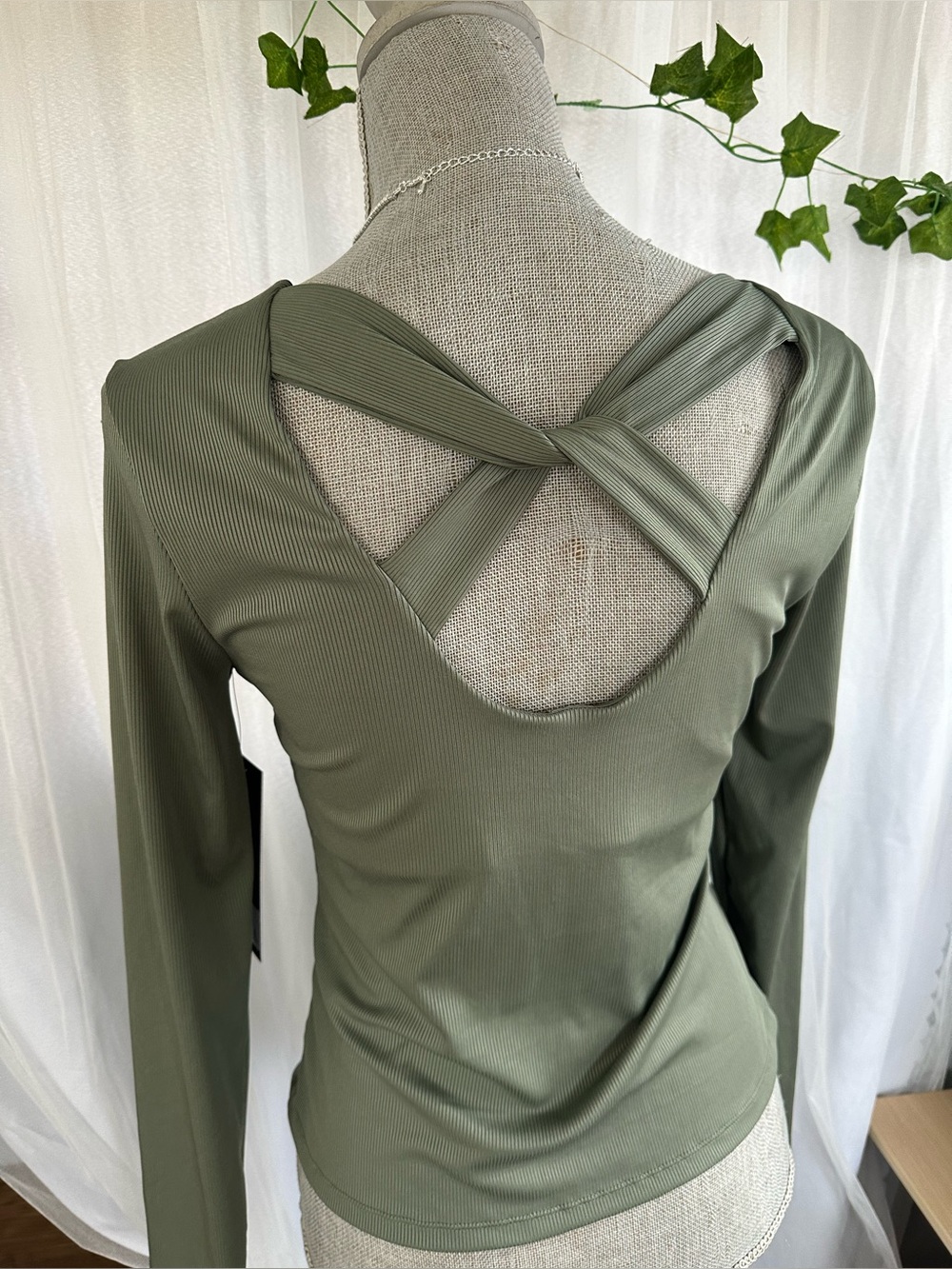 Velocity Olive Crisscross Back Ribbed Long Sleeve Top